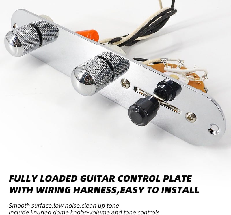 Domofa Fully Loaded Guitar Control Plate Prewired 3-Way Switch 250K Large Potentiometers Knurled Volume Tone Controls Knobs for Tele/Telecaster Electric Guitar Parts Replacement (Chrome) - Image 3